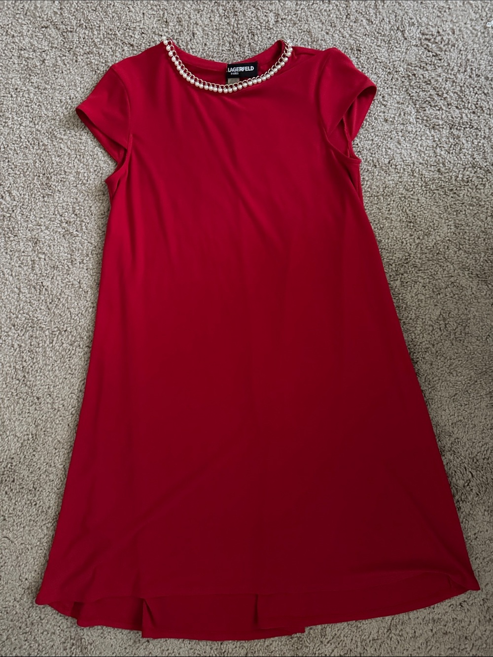 Karl Lagerfeld Red Shift Dress with Pearl-Trim Neckline